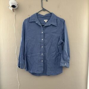 Talbots Womens Linen Button Up Blouse Size M Blue Office Preppy Coastal Beachy